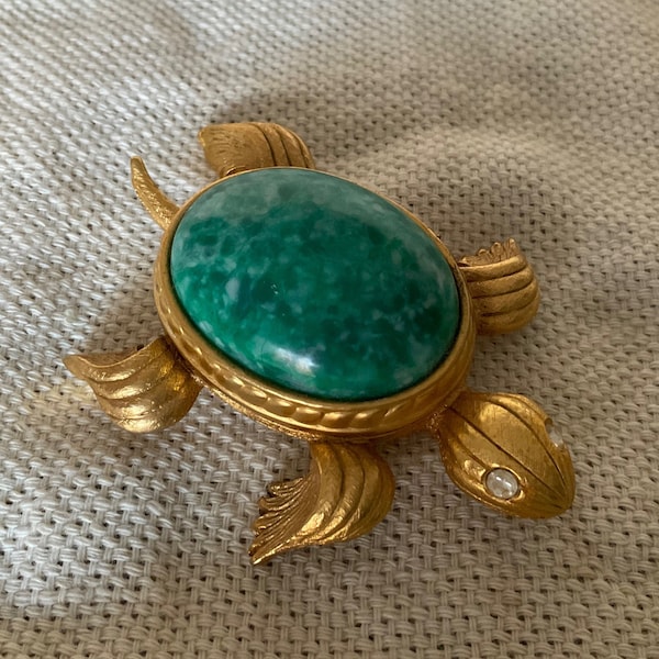 Vintage Avon Turtle, faux malachite, solid perfume holder