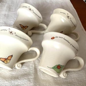 Four Christian parable stoneware flower pot mugs - 3 butterflies, one ladybug, vintage