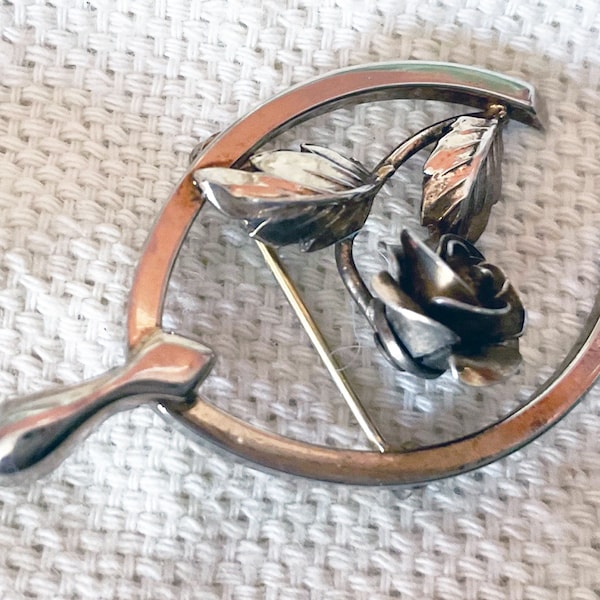 Sterling silver wishbone and rose brooch or pin, Bond Boyd, Canada, 1990s