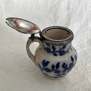 Old flow blue mustard pot with (I believe)_ pewter hinged lid, antique