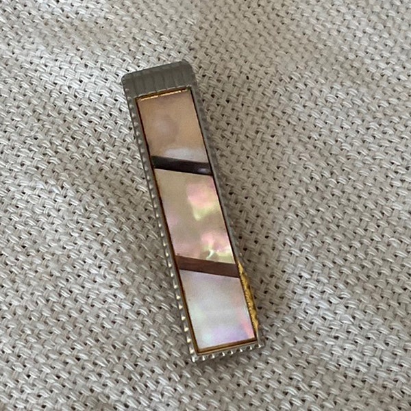 Vintage tie clip, abalone and onyx set in gold tone metal