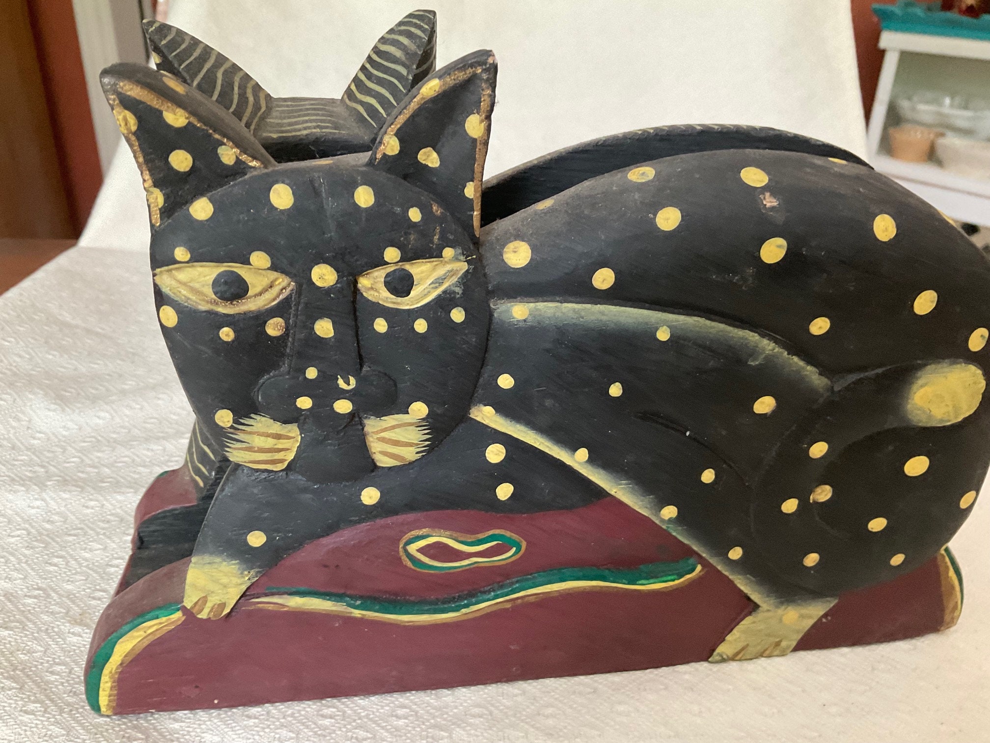Hand Carved Wooden Cats - One Spotted, One Striped, Napkin