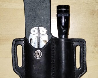 Leather Sheath handcrafted to Leatherman© Charge and Mini Maglite, custom Case, custom Mini Mag Leather case, EDC, OWB