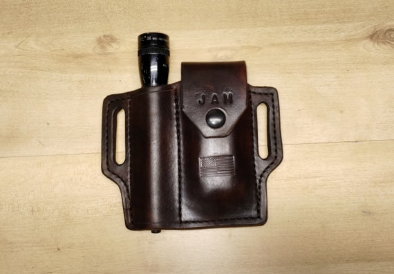 Leather Sheath custom crafted to Leatherman© Wave Sheath and Mini Maglite, custom Wave Case, custom Mini Mag Leather case, EDC, OWB