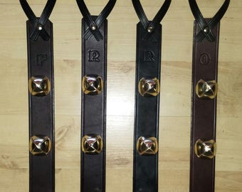 Personalized Door Hanger, beautiful leather with sleigh bells, handmade door hanger with Initial, sustainable repurposed quality leather.