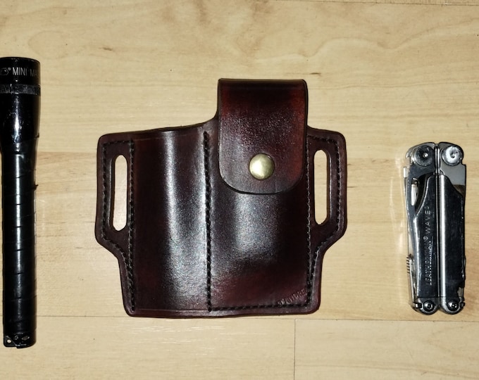 Leather Sheath custom crafted to Leatherman© Wave and Mini Maglite, custom Case, custom Mini Mag Leather case, EDC, OWB