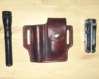 Leather Wave Sheath, handcrafted Sheath for Leatherman Wave and Mini Maglite, custom Case, custom Mini Mag Leather case, EDC, OWB