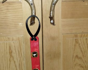 Christmas Sleigh Bell Hanger. Personalized Red Door Hanger for Christmas. Handmade door hanger with Initial and 3 sleigh bells.