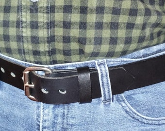 Belt, 1 1/2" Leather Water Buffalo Belt, Men's, woman's belt with roller Buckle and handmade keeper.