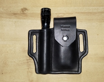 Leather Sheath, custom crafted to Leatherman© WAVE Sheath and Mini Maglite, custom Wave Case, custom Mini Mag Leather case, EDC, OWB