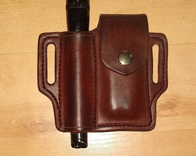 Leather Sheath, custom crafted to Leatherman© Supertool Sheath and Mini Maglite, custom supertool Case, custom Mini Mag Leather case, EDC