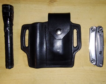 Leather Sheath, custom crafted to Leatherman© REV Sheath and Mini Maglite, custom Rev Case, custom Mini Mag Leather case, EDC, OWB