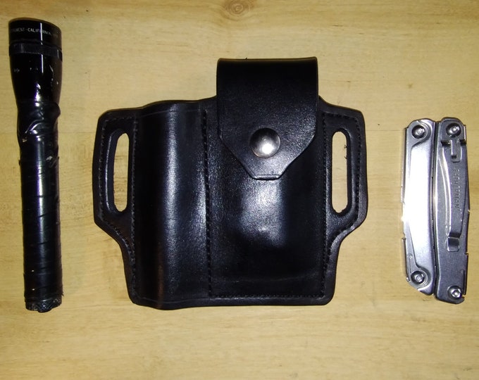 Handcrafted Leather Sheath for Leatherman Supertool 300 and Mini Maglite, EDC Belt Case