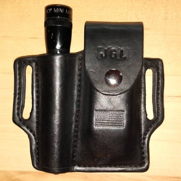 Leather Sheath custom crafted to Leatherman Supertool with Mini Maglite, custom leather Case, custom Mini Mag leather case, EDC, OWB