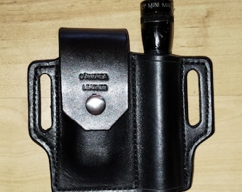 Leather Sheath, custom crafted to Leatherman© Free P4 Sheath and Mini Maglite, custom Free P4 Case, custom Mini Mag Leather case, EDC, OWB