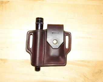 Leather Sheath handcrafted to Leatherman© Kicks with Mini Maglite, custom Kicks Case, custom Mini Mag leather case, EDC, OWB