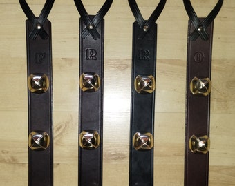 Personalized Door Hanger, Bevin sleigh Bells, handmade door hanger with Initial, using sustainable repurposed quality leather.