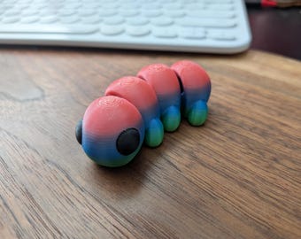 毛虫型フィジェットトイ｜レインボーグラデーション｜3Dプリント製関節可動式昆虫型デスク玩具