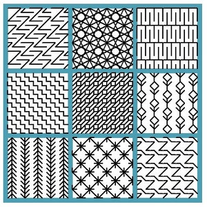May include: Nine black and white geometric patterns, each in a square tile, arranged in a 3x3 grid.