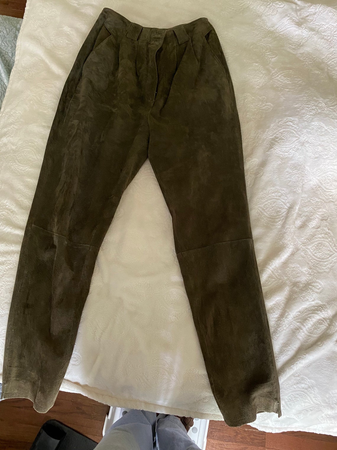Suede olive green pantsuit. Lined pleated pants covered | Etsy