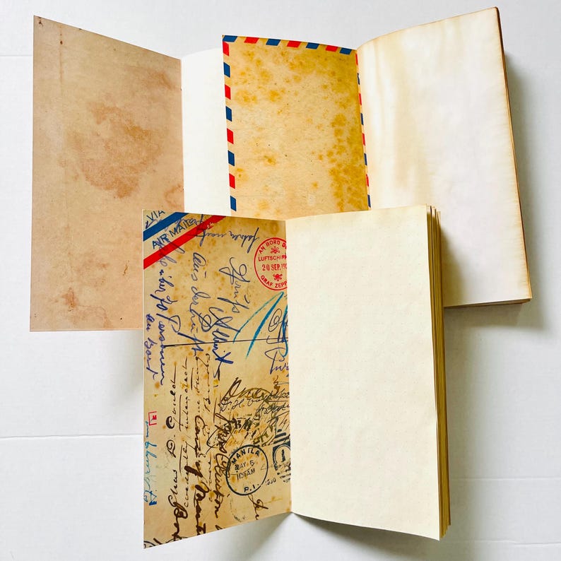May include: Two open notebooks with vintage-style paper. One features an airmail border with red and blue stripes, while the other displays a collage of handwritten cursive text, postal stamps, and a red circular mark reading Graf Zeppelin.