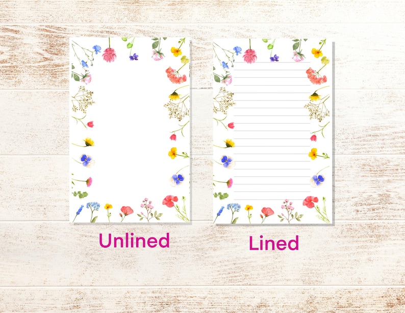 May include: Two printable stationery sheets with a floral border. The sheet on the left is unlined, while the sheet on the right is lined.