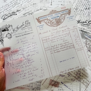 May include: Vintage French ledger pages with handwritten script and decorative elements. The pages feature detailed entries, stamps, and the text "IMPRIMERIE, RELIURE, LIBRAIRIE, PAPETERIE". Ideal for scrapbooking, journaling, or ephemera projects.