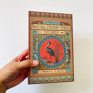 May include: A rectangular book titled Prang's Natural History Series for Children, featuring a central circular illustration of a blue heron in a red field. The cover has ornate borders with botanical motifs and the text L. Prang & Co Boston.