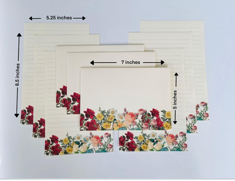 Puede incluir: Conjunto de 8 tarjetas de notas con l&iacute;neas y bordes florales. Cada tarjeta mide 13,3 cm por 17,8 cm. Las tarjetas est&aacute;n impresas con un dise&ntilde;o floral en tonos rojos, rosas, amarillos y verdes.