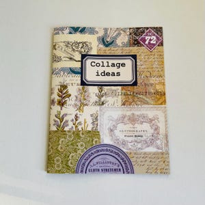 Puede incluir: Un cuaderno estilo collage con las palabras "Collage ideas" en una etiqueta. La portada presenta un mosaico de papeles vintage con diseños botánicos y de escritura, y una etiqueta circular púrpura.