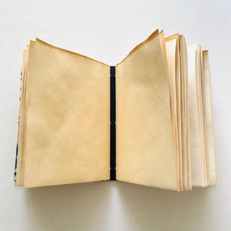 May include: An open journal with aged, tan-coloured pages. The pages are slightly curled, and the edges have a darker, burnt appearance. A black spine holds the pages together. The journal is set against a white background.