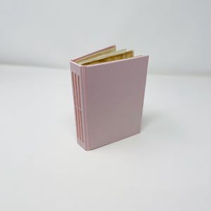 May include: A small, open, pink book with a textured cover. The pages are a light tan color. The spine has a series of vertical slits. The book is standing upright on a white surface.