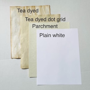 May include: Four rectangular sheets of paper arranged in a stack. The top sheet is plain white, followed by a parchment sheet, a tea dyed dot grid sheet, and a tea dyed sheet with visible brown staining. Text labels identify each paper type.