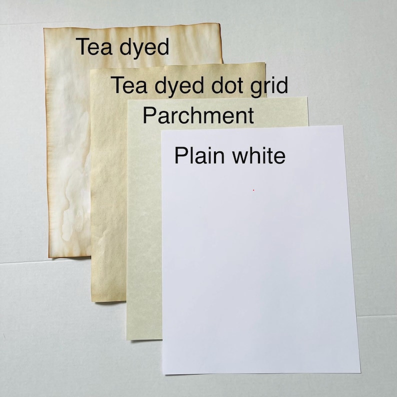May include: Four rectangular sheets of paper arranged in a stack. The top sheet is plain white, followed by a parchment sheet, a tea dyed dot grid sheet, and a tea dyed sheet with visible brown staining. Text labels identify each paper type.