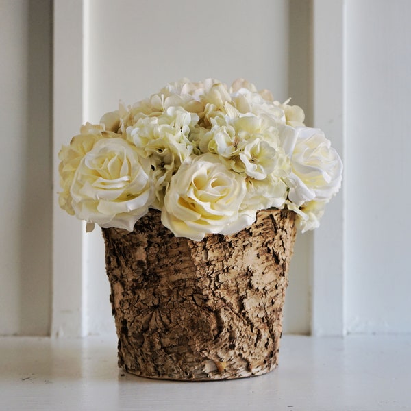 Birch Bark Vase. Large. Round. Birch Wood Centerpiece. Birch Bark Planter. Rustic Birch Tabletop Decor. Zinc Base. Birch Bark Container