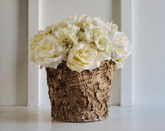 Birch Bark Vase. Large. Round. Birch Wood Centerpiece. Birch Bark Planter. Rustic Birch Tabletop Decor. Zinc Base. Birch Bark Container