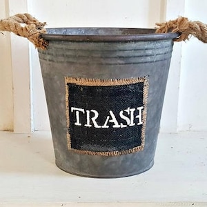 Bathroom Waste Baskets. Rustic. Galvinized. Rope Handles. Rustic Metal Bucket. Farmhouse Bathroom Waste Basket. Farmhouse Metal Bucket