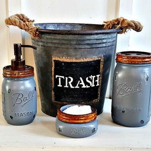 Mason Jar Bathroom Set. 4 Piece.Rustic.Grey. Galvinized Waste Basket. Rustic Bathroom Decor. Bathroom Accessories. Mason Soap Pump