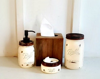 Rustic Mason Jar Bathroom Set. 4 Piece. Wood Tissue Box Cover.Distressed Wood.CREME. Farmhouse Bathroom Decor. Rustic Bathroom Accents