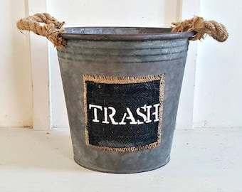 Bathroom Waste Baskets. Rustic. Galvinized. Rope Handles. Rustic Metal Bucket. Farmhouse Bathroom Waste Basket. Farmhouse Metal Bucket