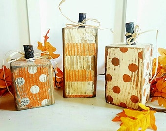 Rustic Wooden Pumpkin Set. 3 Peice. Wood Blocks. Wood Pumpkins. Rustic Table Top. Fall Decor. Rustic Thanksgiving Decor. Farmhouse Decor