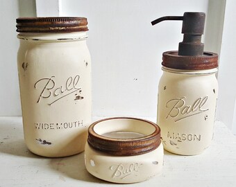 Rustic Mason Jar Bathroom Set. 3 Piece. CREME.Farmhouse Bathroom Decor. Rustic Bathroom Decor. Rustic Bathroom Accessories. Shabby-Chic