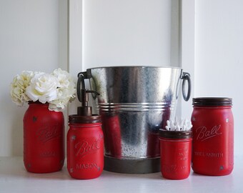 Mason Jar Bathroom Set. Rustic. RED. Soap Pump. Rustic. Toothbrush Holder. Vase. Galvanized Bathroom Waste Basket. Farmhouse Bathroom Decor