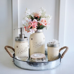 Mason Jar Bathroom Set With Tray. Round Galvanized Tray. Mason Jar Soap Pump. Mason Jar Vase. Birch Wood Candle Holder.Rustic Bathroom Set image 1