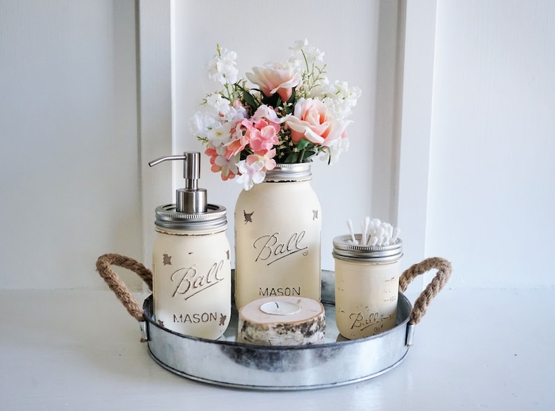 Mason Jar Bathroom Set With Tray. Round Galvanized Tray. Mason Jar Soap Pump. Mason Jar Vase. Birch Wood Candle Holder.Rustic Bathroom Set image 1