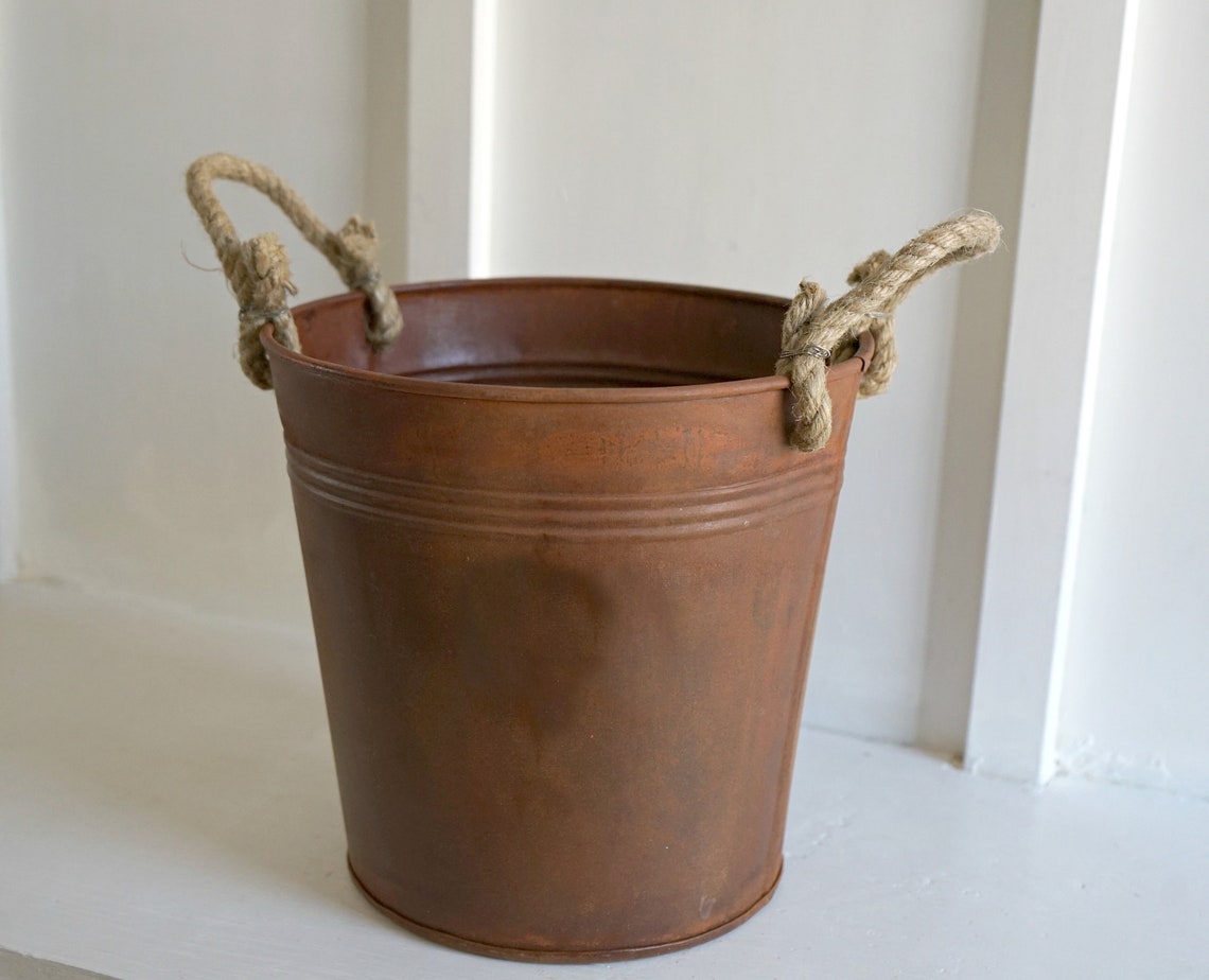 Rustic Metal Bucket. Wastebasket. Storage Bin. Planter. Jute Etsy