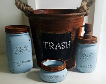 Mason Jar Bathroom Set. 4 Piece.Rustic. BLUE. Rustic Waste Basket. Rustic Bathroom Decor. Fixer Upper Bathroom Accessories. Mason Soap Pump