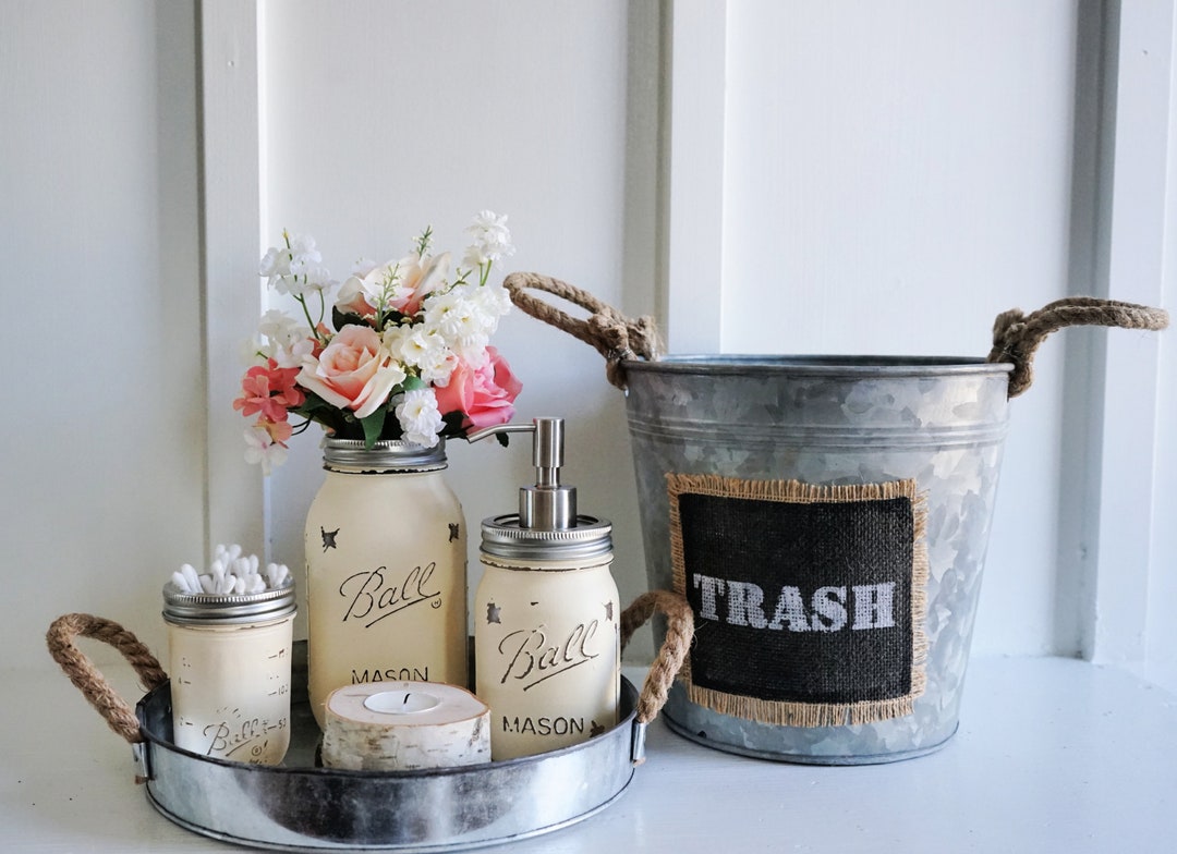 Mason Jar Bathroom Set. Round Galvanized Tray. Galvanized Etsy