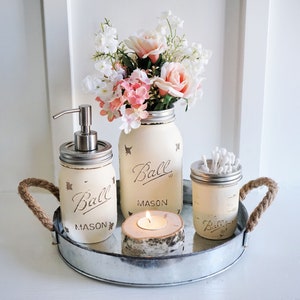 Mason Jar Bathroom Set With Tray. Round Galvanized Tray. Mason Jar Soap Pump. Mason Jar Vase. Birch Wood Candle Holder.Rustic Bathroom Set image 2