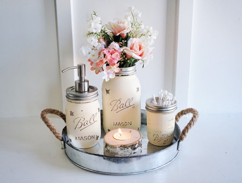 Mason Jar Bathroom Set With Tray. Round Galvanized Tray. Mason Jar Soap Pump. Mason Jar Vase. Birch Wood Candle Holder.Rustic Bathroom Set image 2